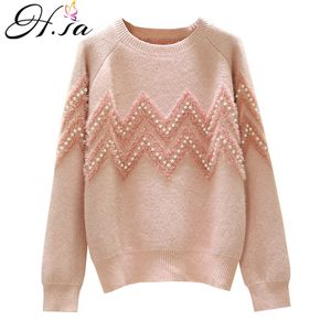 H.SA Kvinnor Tröjor Oneck High Quality Pearl Beading Loose Sweater Tops Pink Mohair Full Jumpers Spring Casual Outerwear 210417