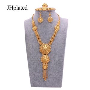 Dubai Hawaiian 24K guldpläterade brudsmyckesset Halsband Örhängen Armband Ringar Presenter Bröllopssmyckeset för kvinnor