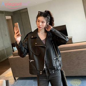 Aelegantmis Women Fashion Loose Casual Pu Leather Jacket BF Style Soft Faux Biker Moto Ladies Street Outerwear 210607