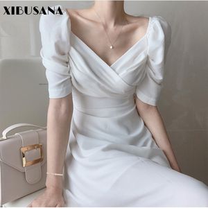 Summer Korean Chic Women Solid Dresses French Style V-neck High Waist Short Puff Sleeve Chiffon Female Elagant Party 210423