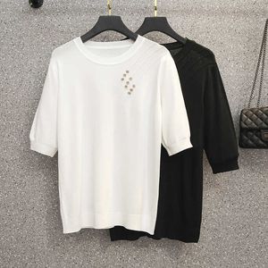 Chic stor storlek sommarknapp kvinnor tröja kort ärm o nacke lös casual kint överdimensionerad kvinnlig pullover jumper t-shirt 210604