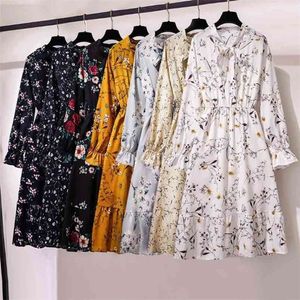 Women Casual Summer Dress Lady Korean Style Vintage Floral Printed Chiffon Shirt Long Sleeve Bow Midi Vestido 210623