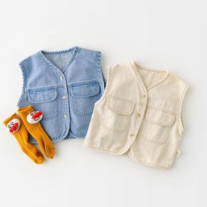 봄 새로운 소년과 소녀 아기 데님 조끼 부드러운 편안한 외부 자켓 유아 소녀 의류 탑스 양복 조끼 210413