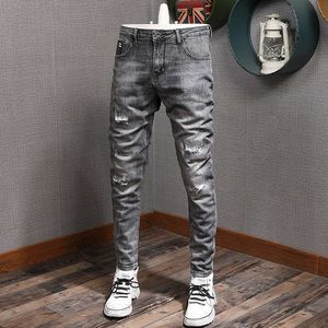Korean Style Fashion Men Jeans Retro Gray Elastic Cotton Slim Fit Ripped Streetwear Vintage Designer Denim Pencil Pants