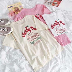 チェリーケーキピンクの乙女様面白い手紙プリントラウンドネックルーズ快適なオールマッチ半袖TシャツY0621