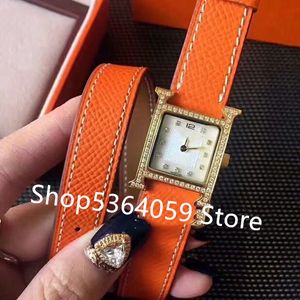 Orologio di marca di lusso con cinturino in vera pelle arancione a doppio strato di moda, orologio con numero romano, per regalo di donne e ragazze