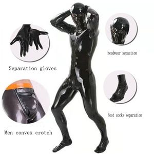 Catsuit Costumes 4 Piece Sets Sexy Shiny Bodysuit Men Full Body Cover PU Latex U Convex Pouch Catsuit Sexy Lingerie Tight Gay Wear