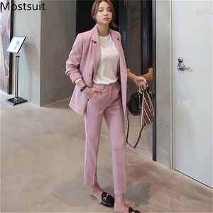 Outono Coreano Escritório Mulheres Dois Peça Blazer Suits Conjuntos Dupla-Breasted + Calças De Compras De Ankle Fashion Workwear Outfits 210513