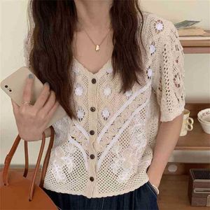 V-Neck Short Sleeves Chic Hollow Out Sexy Comfortable All Match Shirts Femme Loose Brief Sweet Casual Blouses 210525