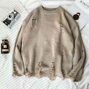 Wash Hole Ripped Knit Sweaters Men Women Streetwear Hip Hop Pullovers Jumper Fashion Oversized All-match Men Winter Clothes 210917