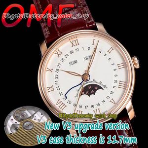 Eternity Watches OMF V3 Neueste Upgrade-Version Villeret Calendar 6654-3642-55B Cal.6654 OM6564 Automatische Herrenuhr Stahlgehäuse True Moon Phase Weißes Zifferblatt Lederband