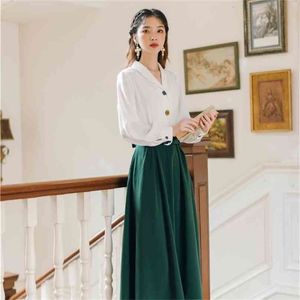 Spring Women Skirt and Top Sets Full Sleeve White Shirt Blouse 2 Piece Suit Green Mid-calf 210603