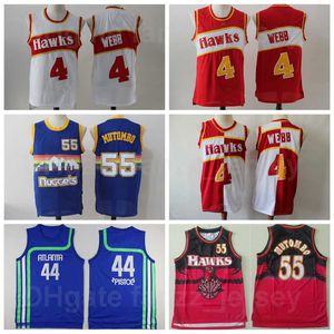 Basketbol Retro Spud Webb Jersey Vintage 4 Tabanca Pete Maravich 44 Dikembe Mutombo 55 Nakış ve Dikiş Logosu Takımı Kırmızı Beyaz Mavi Renk