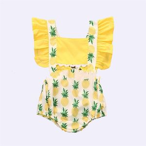 Ananas rompers kortärmad baby pojkar flickor ihåliga ut ruffles jumpsuits sommar söta spädbarn kläder 0-24m frukt 20220301 Q2