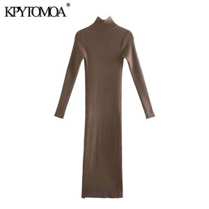 Women Chic Fashion Stretchy Slim Side Slit Midi Knit Dress Vintage High Neck Long Sleeve Female Dresses Vestidos 210416