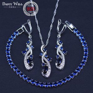 4PCs Blue Cubic Zirconia Silver Färg Smycken Satser för Kvinnor Armband Halsband Hängsmycke Örhängen Ställer Nätt present H1022