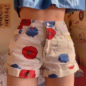 Kvinnor Shorts Flower Vintage Slim Middle Waist Kvinna Ladies Kort Byxor Street s Tryckta kvinnor 210719