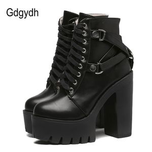 Gdgydh Fashion Black Boot Heel Wiosna Jesień Lace-Up Soft Skórzane Buty Platforma Kobieta Party High High Heels Punk 211105