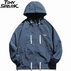 2021 Män Hip Hop Jacket Coat StreetWear Plain Fickor Broderi Hooded Jacket Coat Harajuku Track Jacket Outwear Zipper Blue Y1106