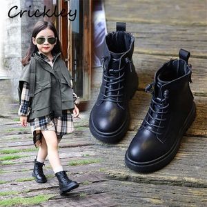 Primavera Outono Meninas Botas Preto Pu Couro Tênis De Couro Para Crianças Soft Bottom Confortável Crianças Casuais 211227