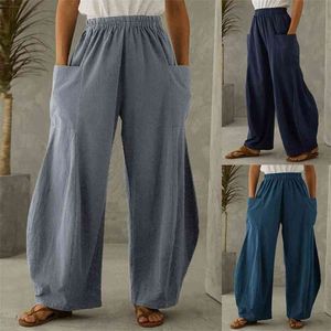 1pc pantaloni moda donna oversize S-5XL tendenza allentata cotone solido lino grandi tasche casual gamba larga un pantalon c50 210915