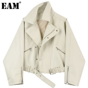 Eam] Preto Zipper Bolsos caber PU couro curto tamanho jaqueta jaqueta luva longa mulheres casaco moda primavera outono 210512