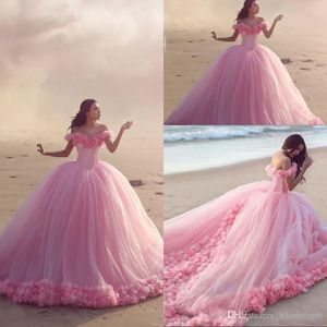 Планты Quinceanera Baby Pink Ball Howns с плеча корсета, продавая сладкое 16 выпускное платье с ручными цветочными свадьбами go309t