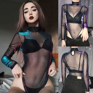 Moda Shining z długim rękawem Body Mesh Fishnet Jumpsuit Kobiety Goth Gothic Sexy Body Femme Koszula Top Przezroczysta Bluzka Nowy Y0927