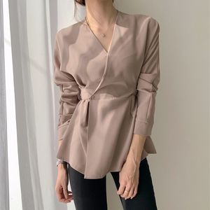 Primavera Outono Chique Estilo Coreano V-Pescoço de Manga Longa Camisa Preta Mulheres Retro Temperament Cintura Top 210514