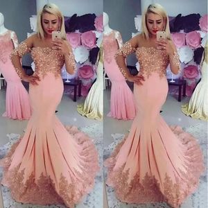 Stylish Mermaid Lace Evening Dresses Off The Shoulder Long Sleeves Formal Dress Floor Length Plus Size Satin Pearls Prom Gowns