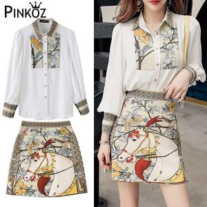 women designer style two pieces set horse chain printed animal floral blouse shirt lady mini skirt office casual clothing 210421