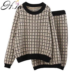 Women Sweater Suit and Sets Pullover + Skirts Elegnt Jumpers Outwear Wear Small Plaid Elegant Korean Tops Warm Sweaters 210430