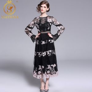 Moda runway malha bordado vestido mulheres manga flare preto vintage retalhos retalhos cintura alta vestidos 210520