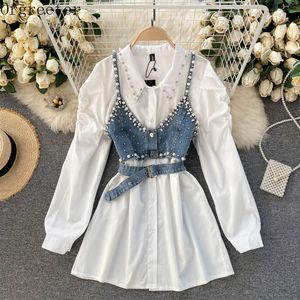 Chic Design Fashion Lapel Beaded Long Sleeve White Shirt Dress+ Diamond-studded Denim Camis Vest 2 piece Sets Women 210525