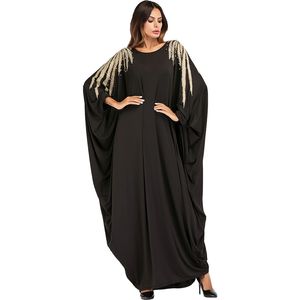 Moslim Hui Dubai Beaded Applique Abaya Black Milk Silk Smooth Bat Sleeve Oversize Kamerjurken Arabische Dames Hijab Jurk 210517