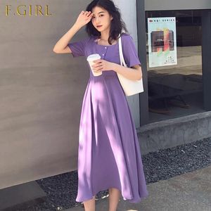 Casual Dresses Dress Women Soft Purple Summer Minimalist Female Midi Maxi Retro High midja Skinny Square Collar Chiffon Pleated Leisure