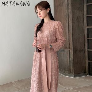 Matakawa doce redondo pescoço femem robe indústria pesada laço jacquard mulher vestido indefinido cintura de renda longa manga midi vestidos 210513