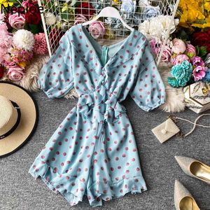 Neploe Bolka dot Jumpsuits Mulheres Doce V Neck Manga Curta Senhoras Playsuits Elegant Slim Cintura Ruffles Beach Bodysuit 1D809 210423