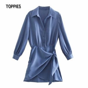 Vintage Blue Shirt Dress Women Long Sleeve Dresses Knot Bow Asymmetrical Hem Silk Satin 210421
