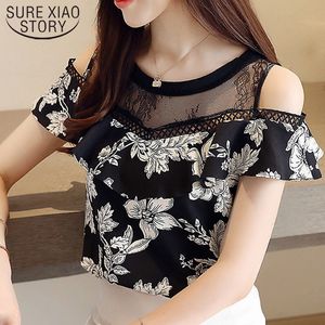 Chiffon Shirt Womens Tops and Blouse Fashion Round Collar Hollow Lace Summer Short Sleeve Off Shouler Top 2864 50 210417