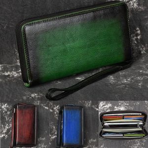 Wallets Unisex Rub Color Clutch Handy Purse ID/s Multi-Capacity Vintage Genuine Leather Brand Wrist Long Zipper Wallet