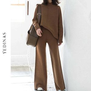 Yedinas Korean Womens Tracksuit Set knitted Warm Two Piece Top And Pants Winter Casual 2 s Outfits knit 210527