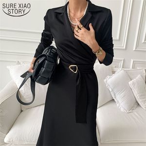 Glossy Suit Dresses Office Lady Elegant Black Long Dress French Style Notched Cross Lace Up High Waist Women Vestidos 12799 210508
