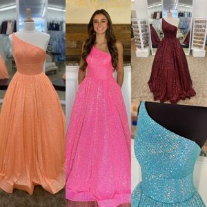 Vestidos de Baile de Um Ombro com Lantejoulas Brilhantes 2022 Vestido de Baile Alças Cruzadas Nas Costas Longo Borgonha Laranja Azul Rosa Chocante Vestidos de Concurso para Eventos Formais Roupa de Festa Quinceanera