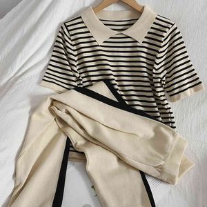 Summer Tracksuits Womens Two Pieces Set Chic Outfits Knitted Cotton T Shirt with High Waist casual Carri Pants stripe Clothing 210420