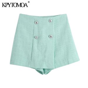 Kvinnor Chic Mode med knappar Tweed Shorts Kjolar Vintage High Waist Side Zipper Kvinna Skorts Mujer 210416