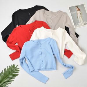 Fashion button up Cardigan Sweater Women Streetwear Cropped Korean Ladies Female Solid Long Sleeve Crop Top Knit Shirt 210416