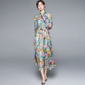LLZACOOSH PROWWAY дизайнер плиссированные макси летние женщины элегантные цветочные печать лук шеи винтаж линии шифон длинные вечеринки платья 210514