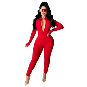 Designers Women Jumpsuits kläder 2021 Solid Color Zipper långärmad sexig smal fit kvinnors leggings byxor amp -rompers