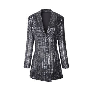 Kvinnor Sequined Bling Blazer Shawl Collar High Street Långärmad Svart D0758 210514